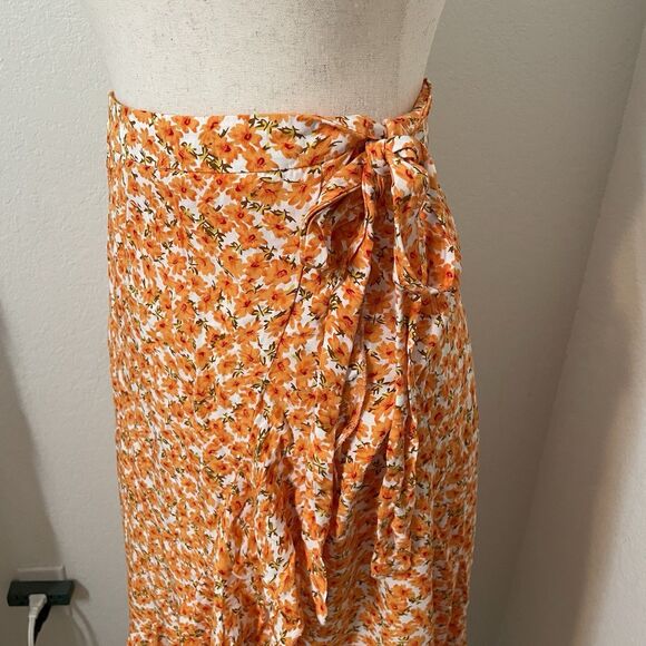 Simplee Boho Dixie Floral Wrap Skirt Ruffle Women Large Orange Flirty 90s Y2k - Picture 4 of 8